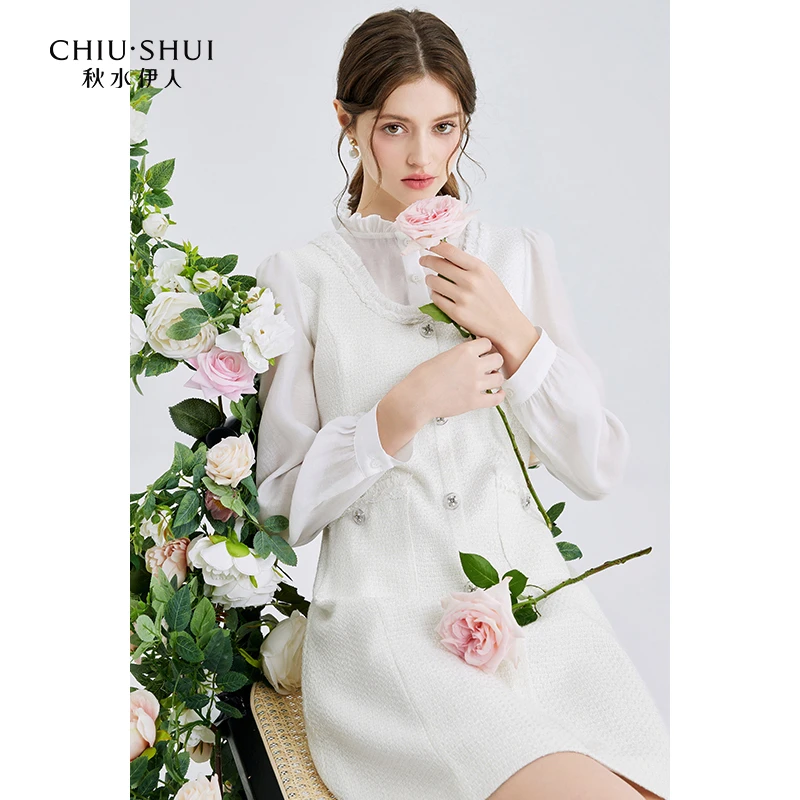 【品牌福利】秋水伊人立领木耳边假两件背心裙女装微收腰连