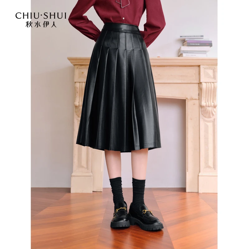 【品牌福利】秋水伊人高腰A字PU皮裙冬季中长百褶半身裙623408D2694