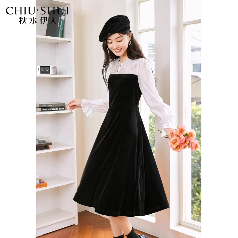 【直播】秋水伊人法式赫本风显瘦娃娃领黑色长袖连衣裙收腰秋冬0435