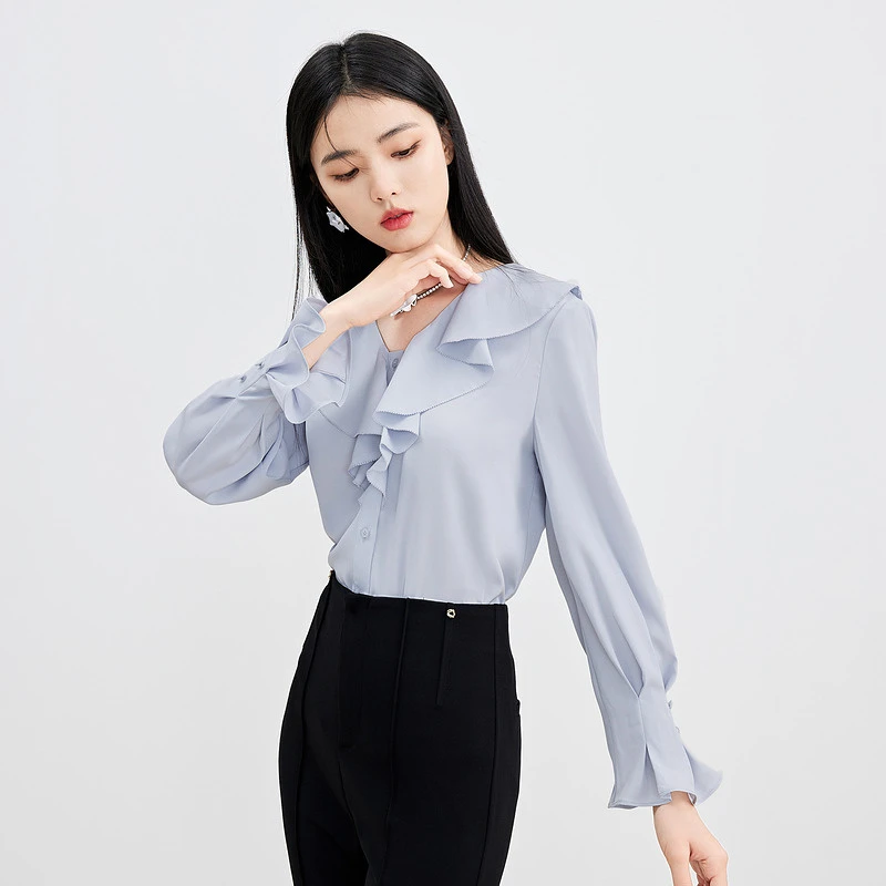 【直播】秋水伊人优雅通勤V领衬衫春新款女休闲长袖木耳边上衣319