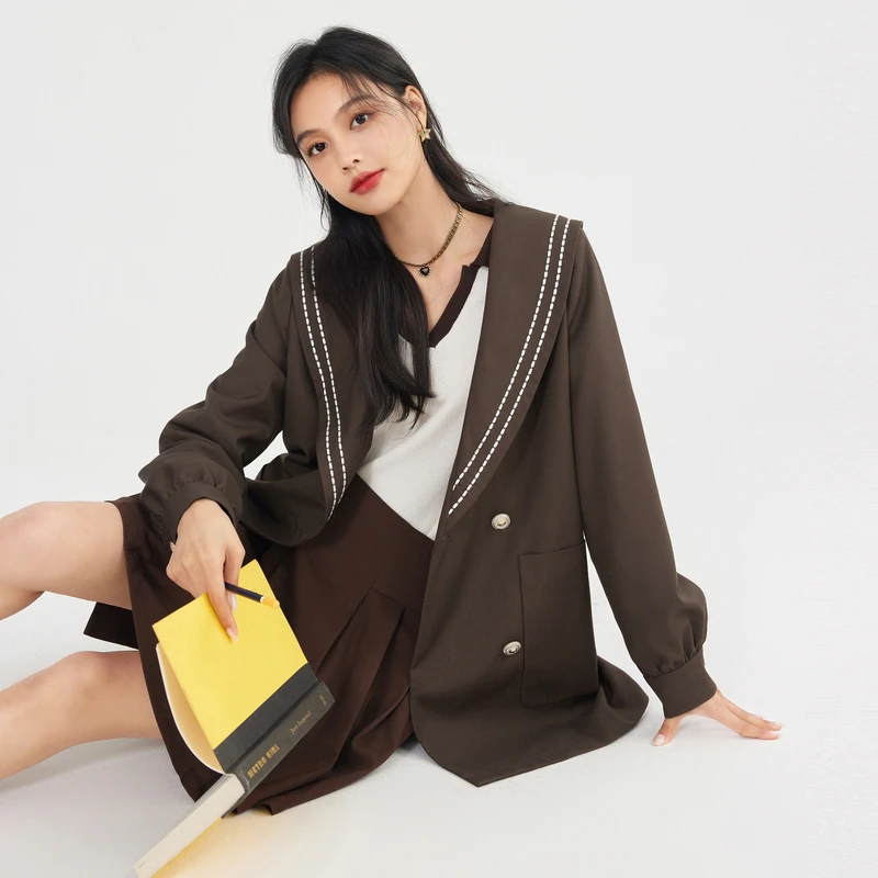 【小余专属】秋水伊人海军风中长款风衣女装时尚个性风衣外套0058