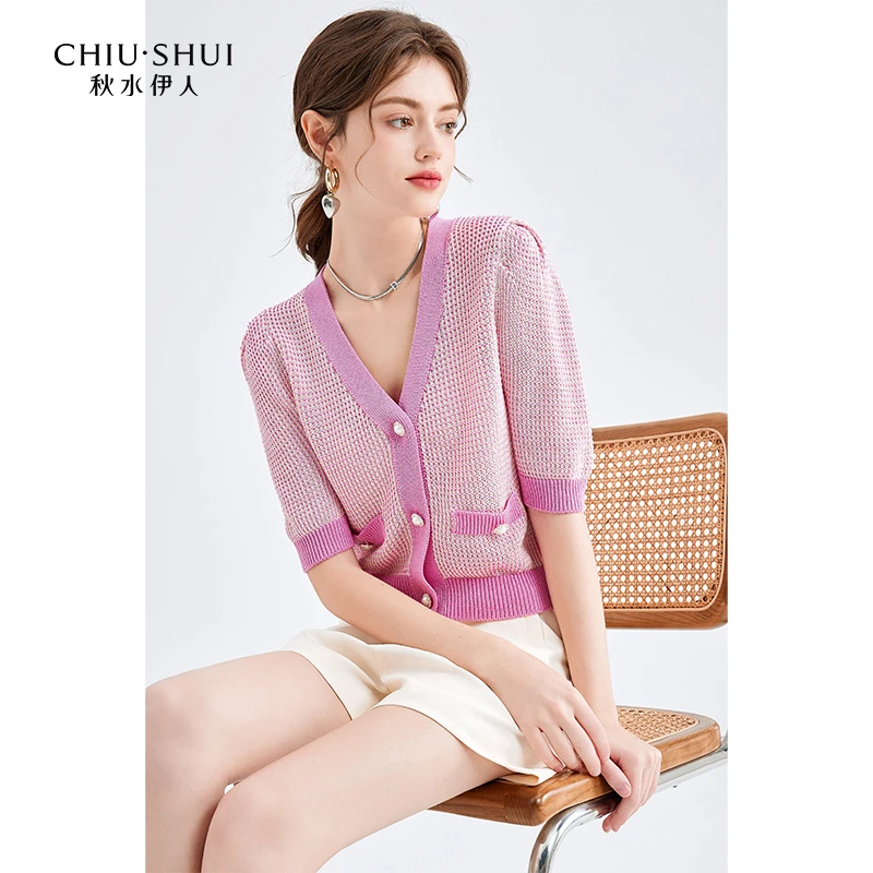 【直播】秋水伊人粉红小香风针织开衫女V领甜美短袖624102A100386