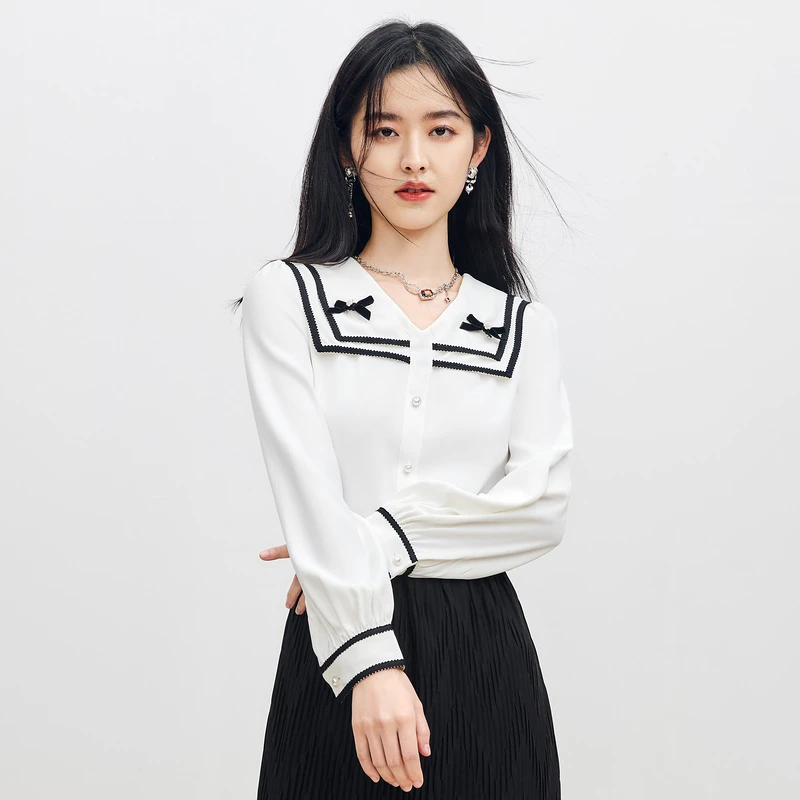 【程钱钱专享】秋水伊人衬衫新上衣女装长袖针织气质白色衬衣0059