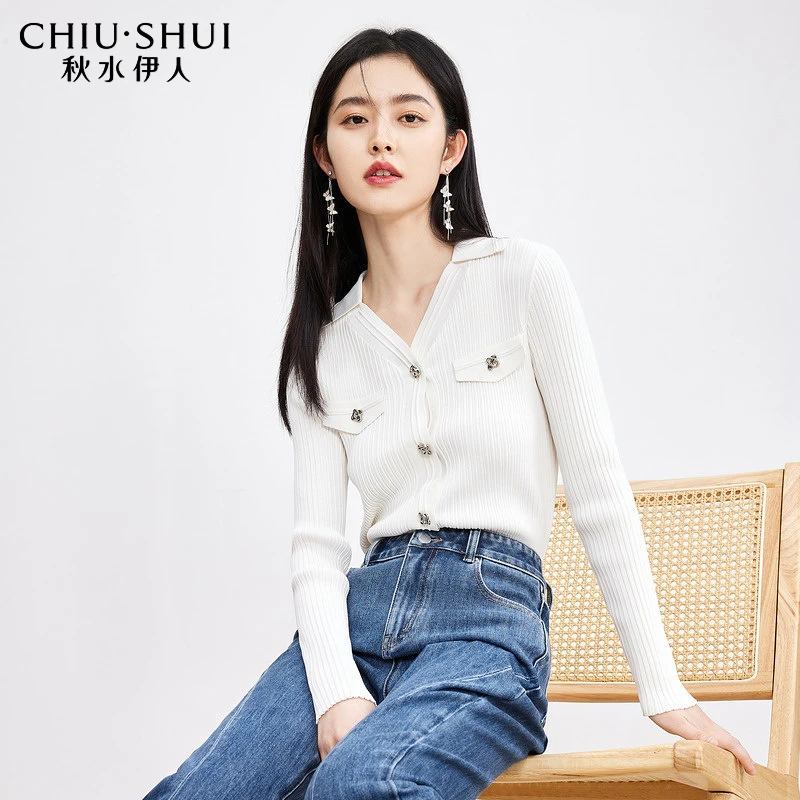 【下架】秋水伊人淑女V领女士毛衣开衫正肩修身小香风长袖上衣2396