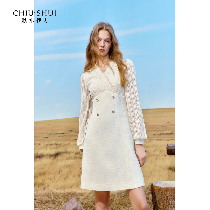 【邱莹莹专属】秋水伊人V领蕾丝小香风金属扣连衣裙冬季女显瘦裙子