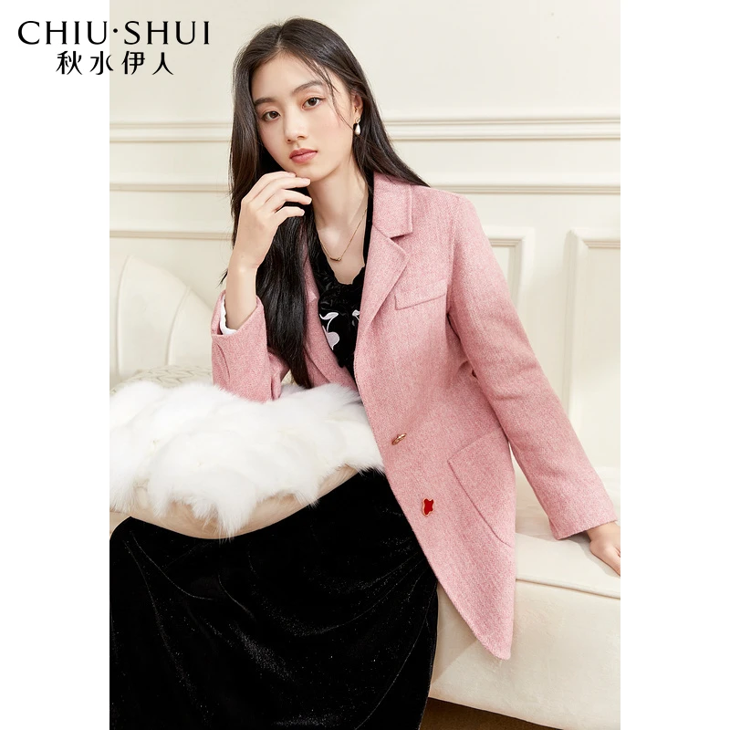 【直播】秋水伊人西装领中长款毛呢外套新款女装优雅外套小香风8046
