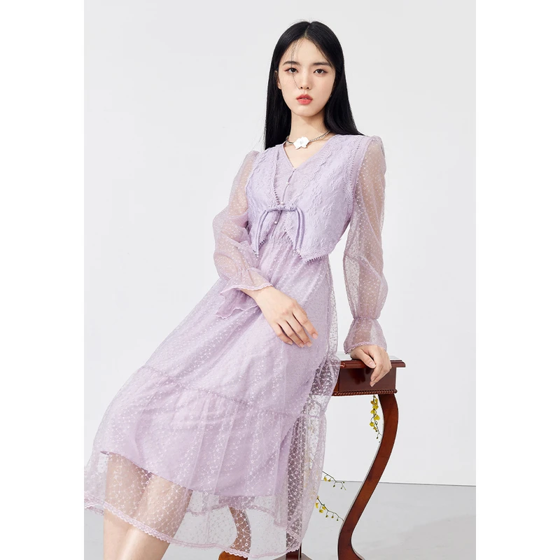 【品牌福利】秋水伊人碎花优雅网纱连衣裙春新款女气质通勤垂坠裙子