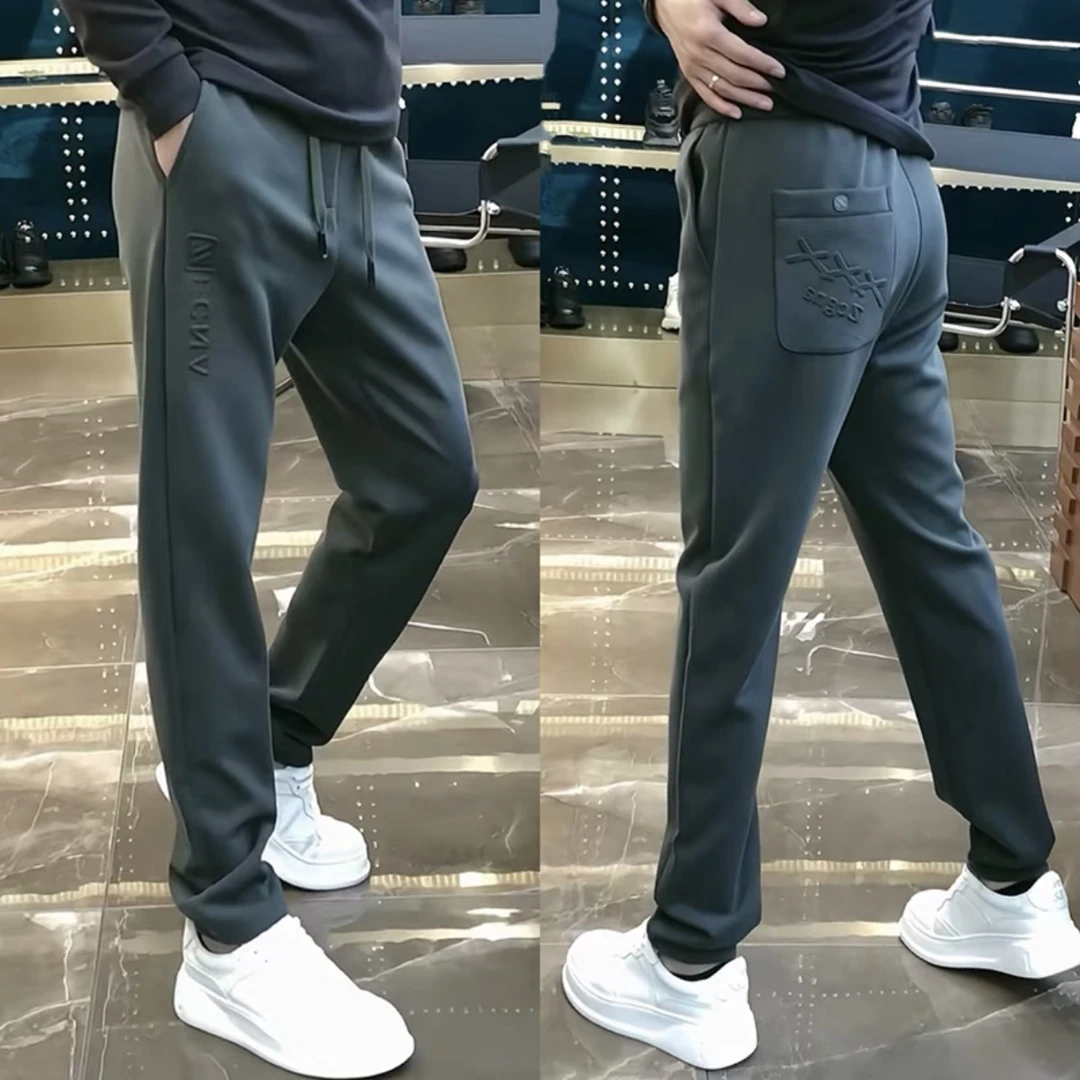 欧货高级简约风休闲裤男秋冬加绒加厚直筒卫裤时尚百搭修身运动裤