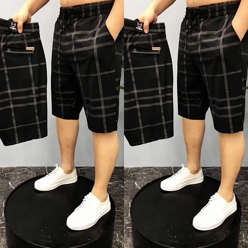 男士短裤夏季薄款冰丝格子休闲裤潮流弹力修身透气五分运动沙滩裤