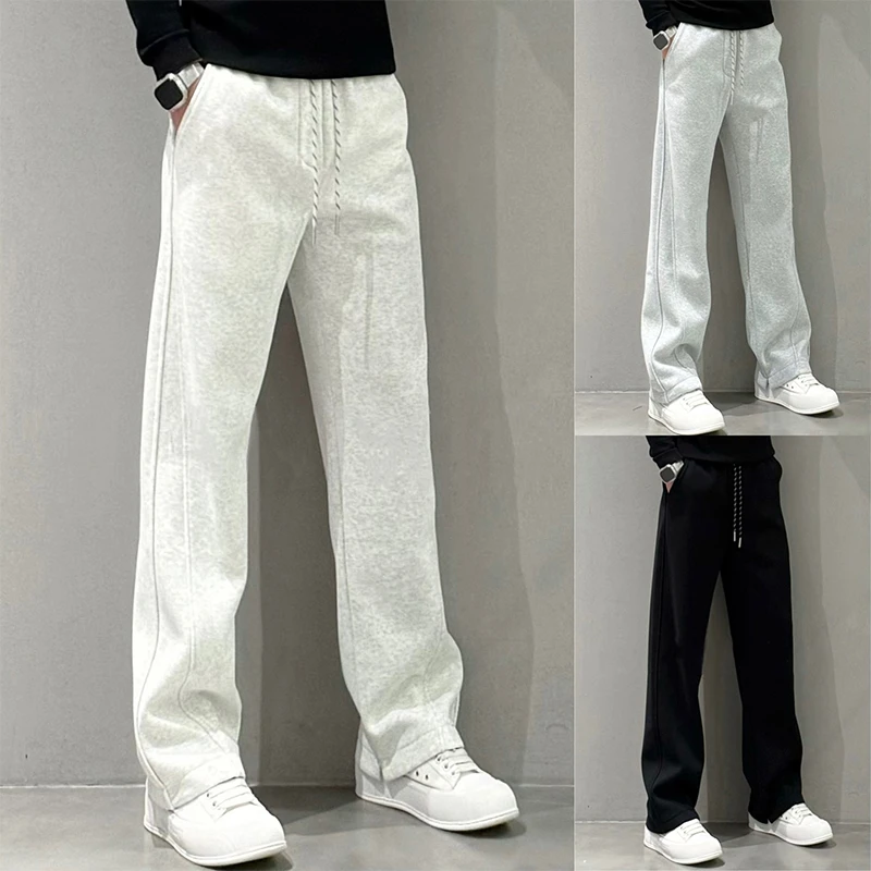 裤子男秋冬新品高街美式加绒加厚休闲裤男士欧货纯色修身小直筒裤