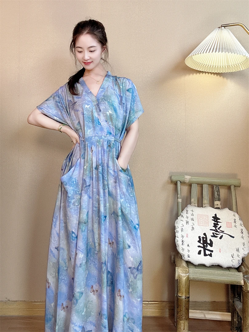 夏季法式尤莱特棉绸宽松女连衣裙碎花复古收腰印花火焰优雅长裙潮