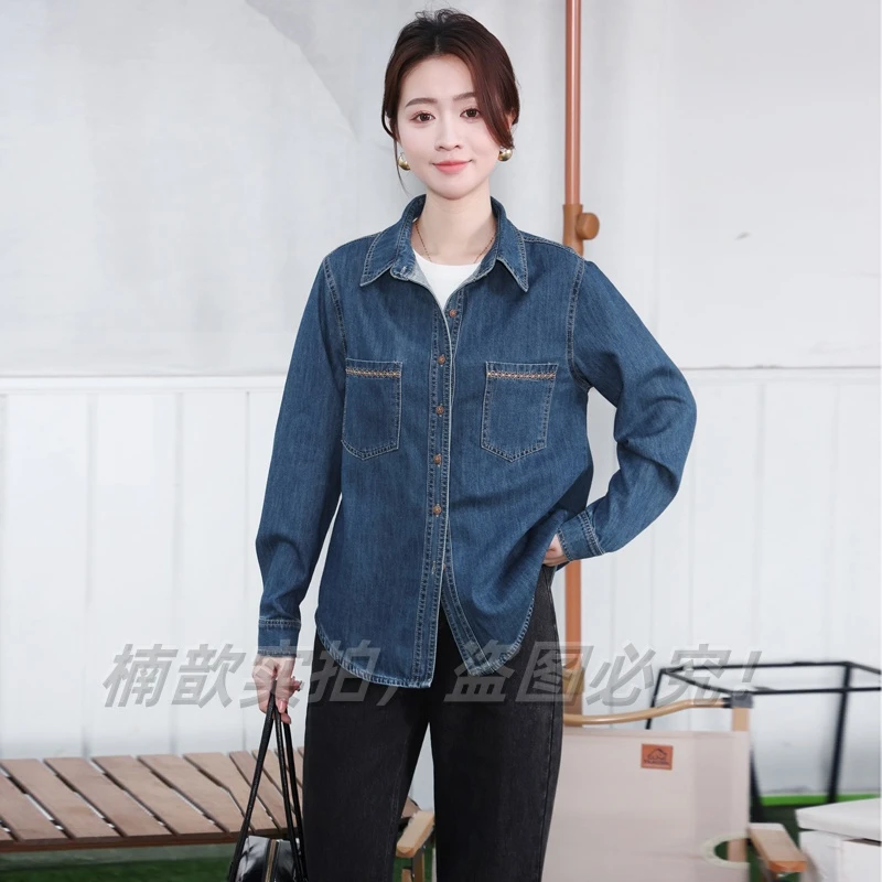 复古刺绣水洗牛仔衬衫外套女装宽松2024新款春秋百搭显瘦长袖外搭
