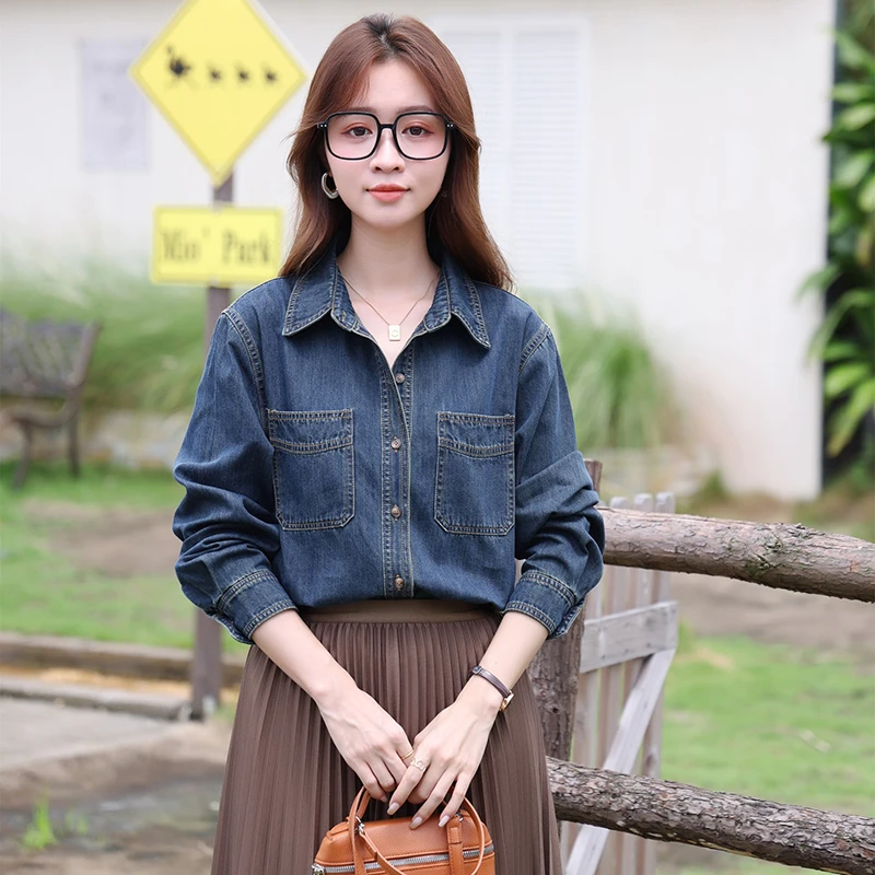 2024春秋季新款外套叠穿内搭休闲复古港风柔软水洗宽松牛仔衬衫女