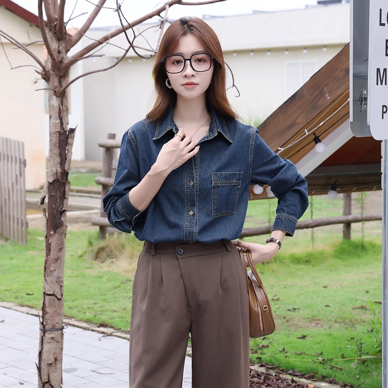 叠穿内搭复古港风衬衣外套女2024春秋季长袖牛仔衬衫上衣设计感