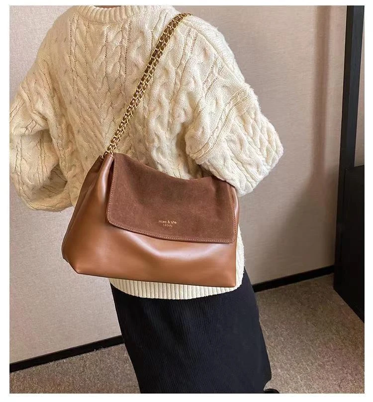 时尚复古大包包女2023新款秋冬拼接百搭链条单肩包质感通勤托特包