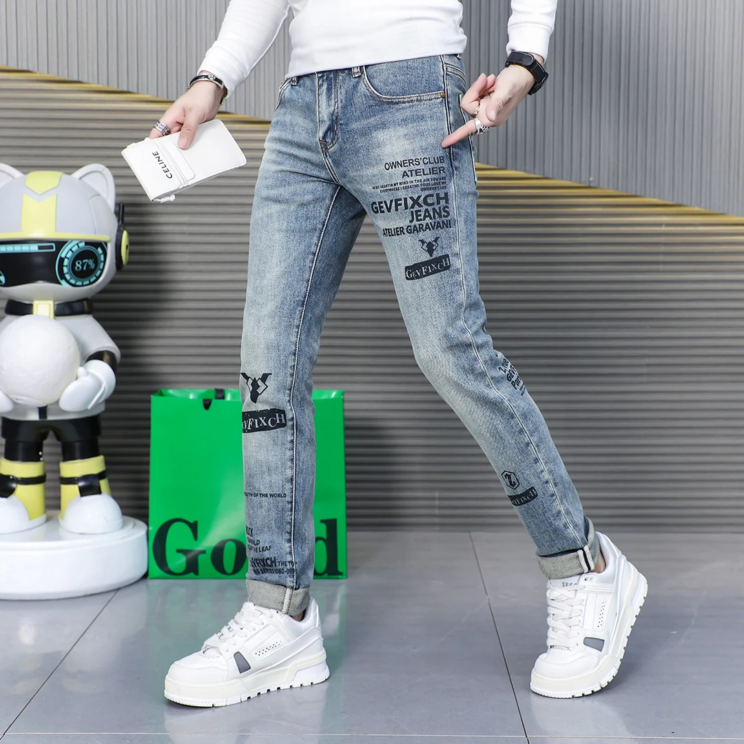 春夏新款7612印花男牛仔裤子弹力修身小脚男士高端百搭潮流牛仔裤