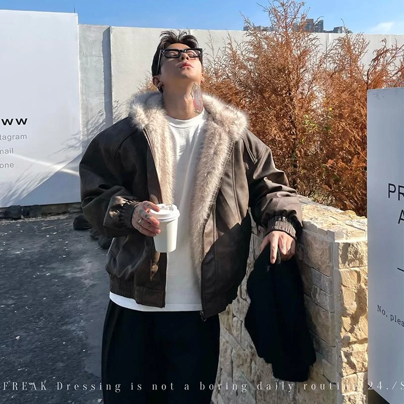 OXFREAK「做旧霜冻」座山雕毛领棉服男冬季皮毛一体外套男生