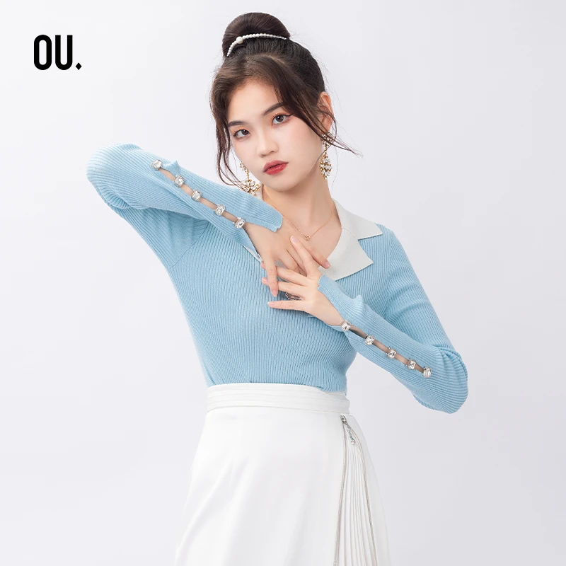 OU.FASHION/欧点修身百搭通勤绵羊毛针织套头上衣6042230330