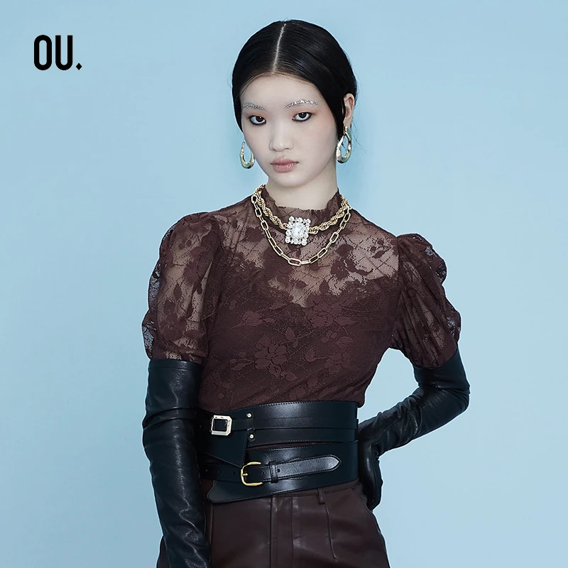 OU./欧点秋款时尚蕾丝纱 网性 感长袖上衣1032140134打底气质复古