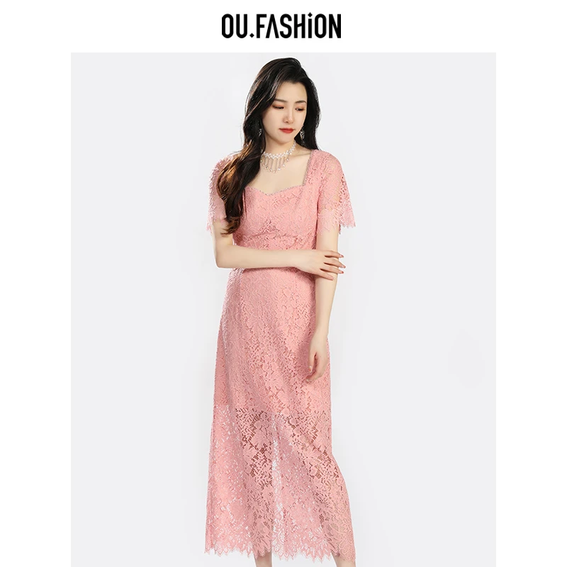 OU.FASHION/欧点法式蕾丝方领连衣裙轻奢气质修身裙子6122320033