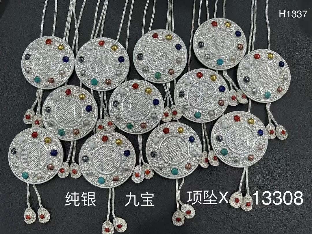 足银银制品 蒙古元素民族特色纯银镶嵌真宝石蒙古袍项链