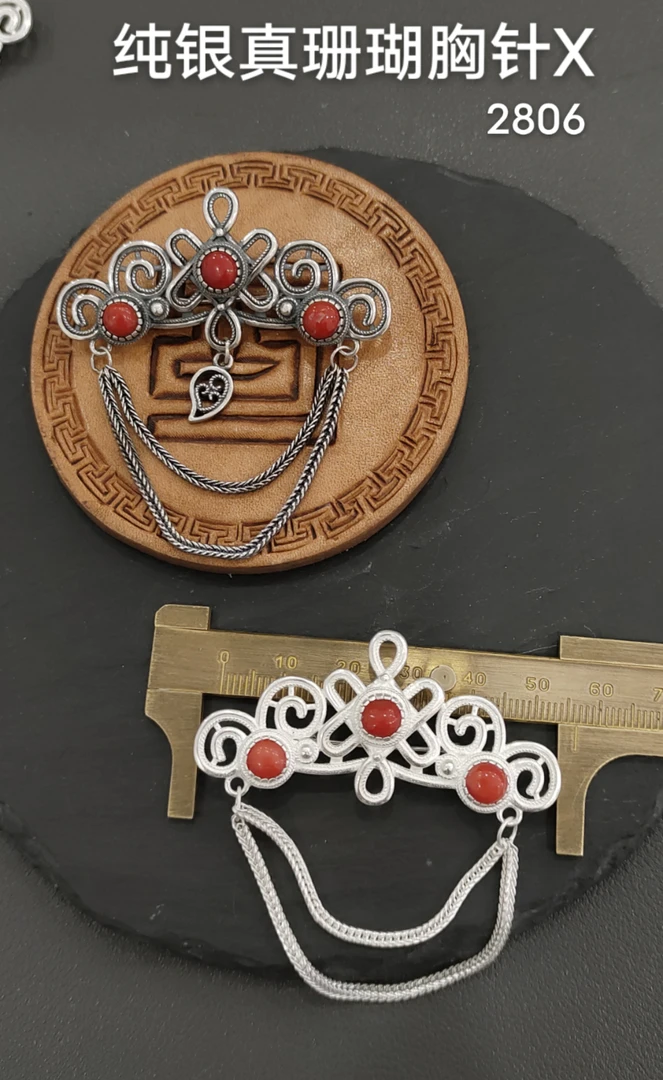 925银胸针 民族风复古精致银制真宝石胸针纯银