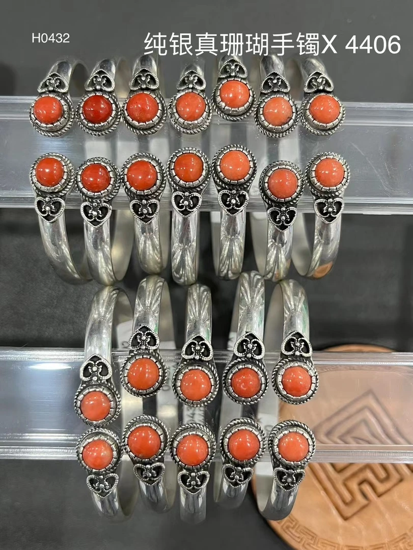 足银手镯 蒙古元素民族特色纯银镶嵌真宝石手镯