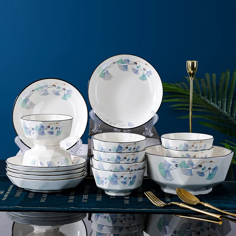 银杏叶15件套7盘6只8汤碗1只4.5碗8只家用高端陶瓷餐具