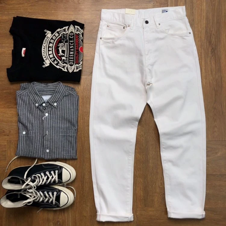 新款重磅纯棉红边赤耳白色白胚牛仔裤男直筒工装美式休闲潮流长裤