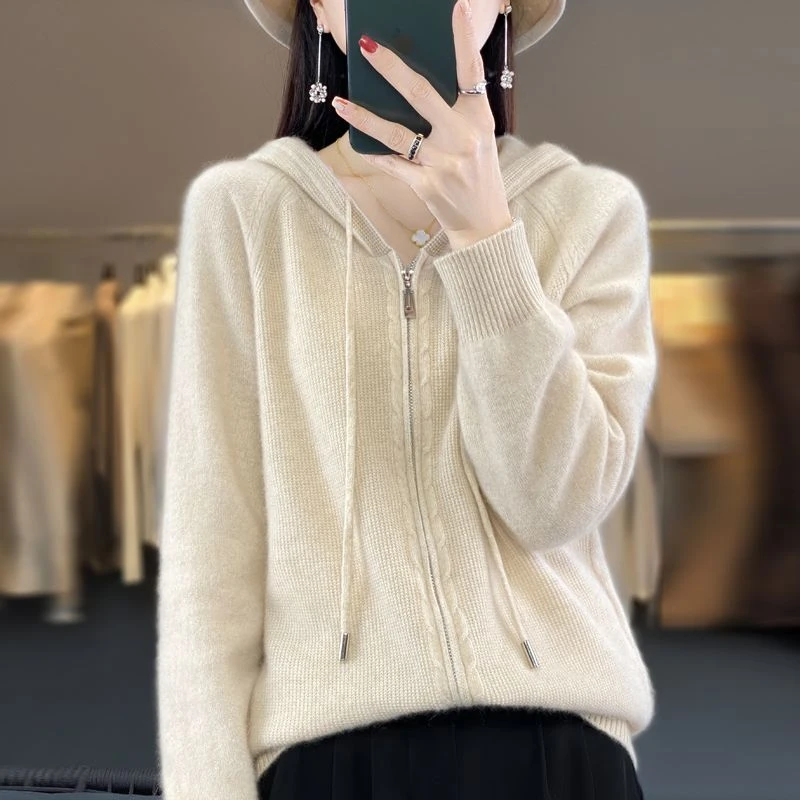 连帽针织开衫女秋冬新款双拉链带帽毛衣外套宽松百搭加厚打底衫潮