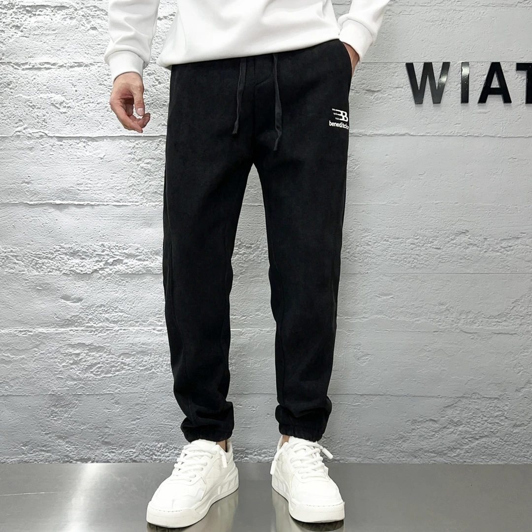 新款男士加绒裤子秋冬男裤加厚加绒刺绣百搭束脚休闲卫裤888-1