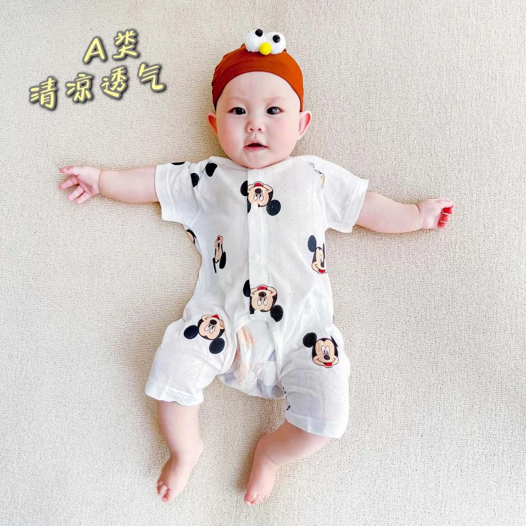 宝宝短袖连体衣夏季开档新生儿衣服夏天薄款婴幼儿夏装超萌开裆裤