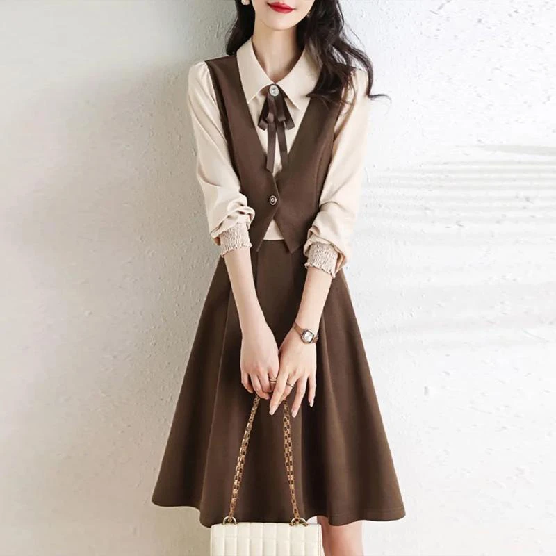 【钱谷谷】连衣裙新款气质时尚拼接修身显瘦假两件长袖连衣裙6079