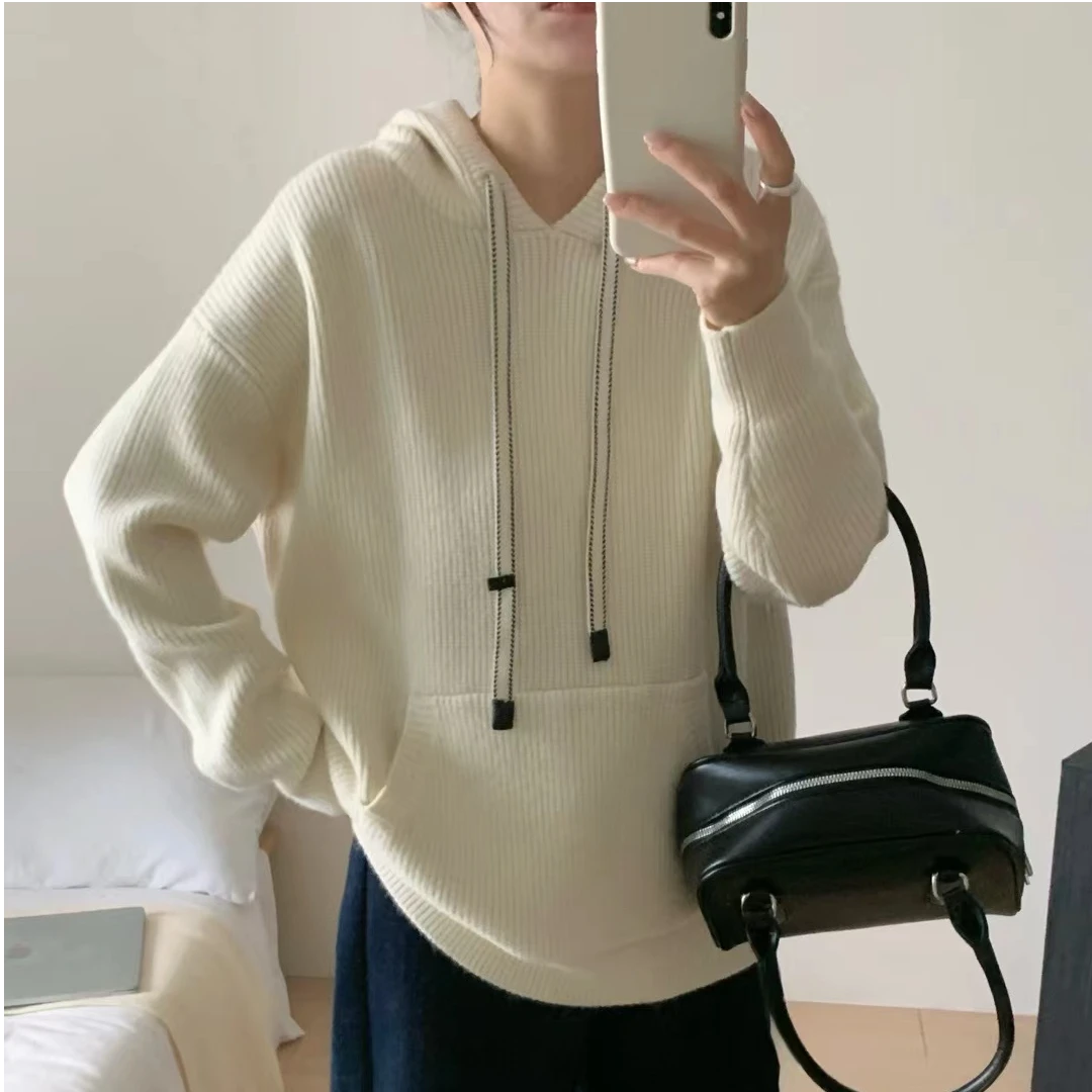 设计感 韩版加厚 内搭外穿 针织连帽毛衣