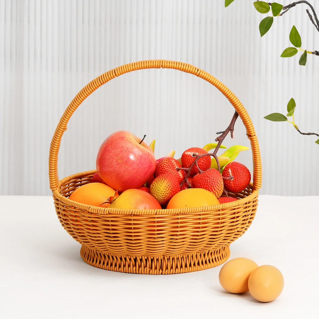 手工编织水果收纳筐圆形碗篮手提防藤有底边水果篮水果盘鸡蛋篮