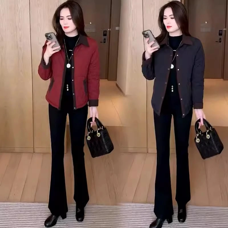 时尚夹棉外套女2024冬季新款小个子洋气减龄轻薄短款菱格棉服外套