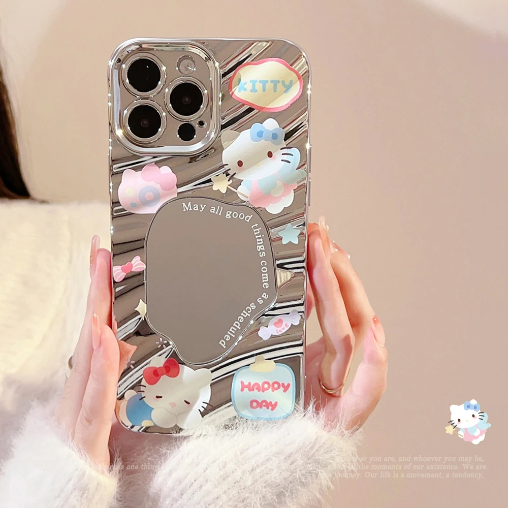 少女心猫咪iPhone15promax苹果手机壳14补妆镜11卡通13电镀12日系