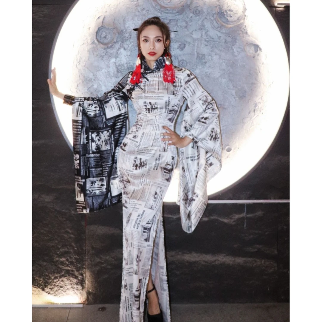 锦秀儿原创黑白报纸雪纺拼色改良旗袍大水袖修身新中式走秀连衣裙