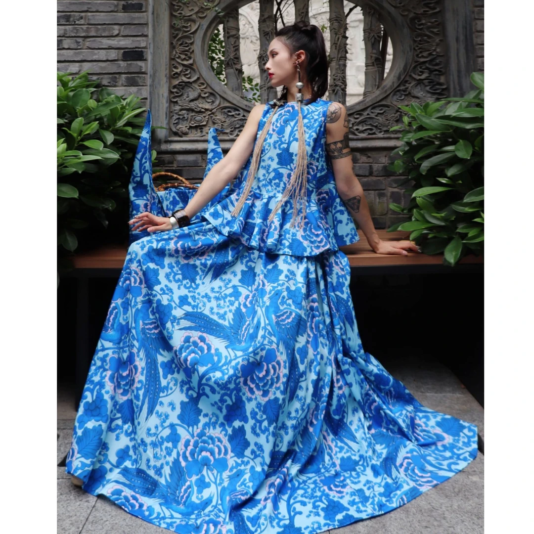 锦秀儿原创青花瓷凤穿牡丹民族风荷叶边宽松A字背心长裙上下套装