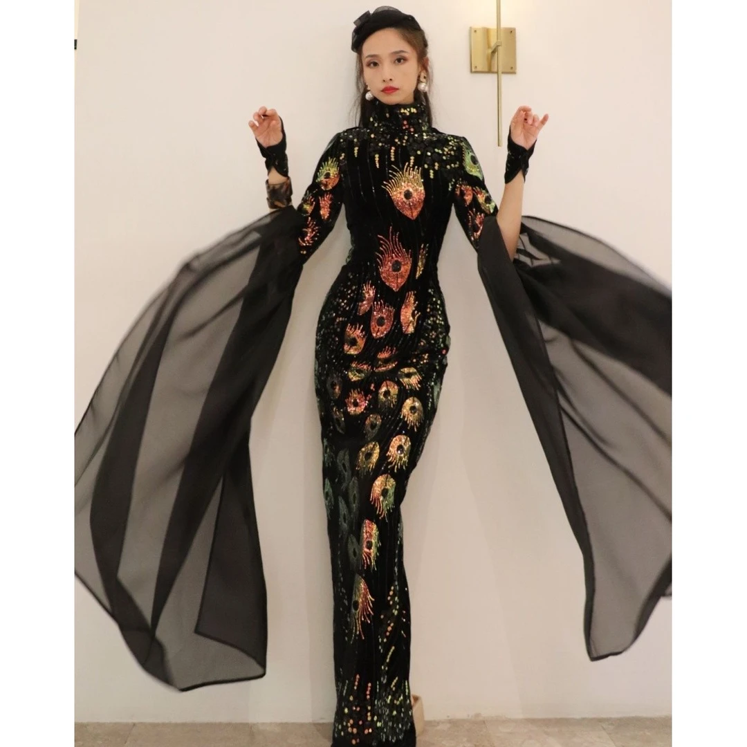 锦秀儿原创黑色丝绒孔雀亮片修身包臀后开叉欧根纱大水袖改良旗袍