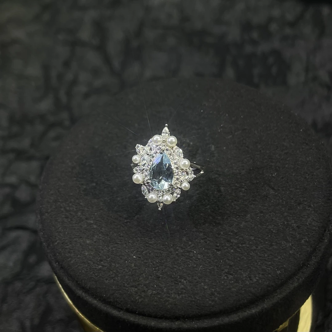 金怡Jewelry-天然全净海蓝宝水滴温柔仙女戒指精致时尚s925银镶嵌