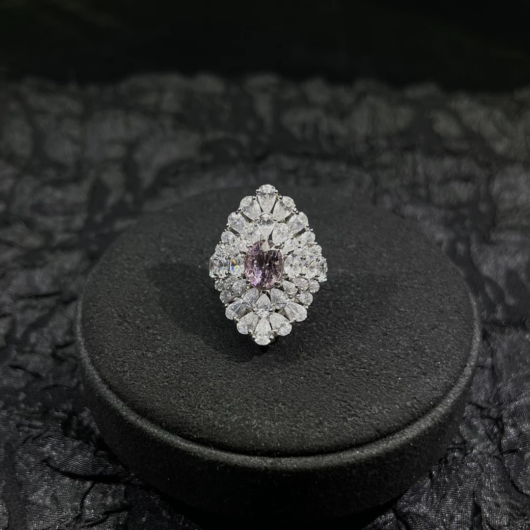 金怡Jewelry-天然粉色碧玺樱花粉重工精工款戒指满钻s925银镶嵌