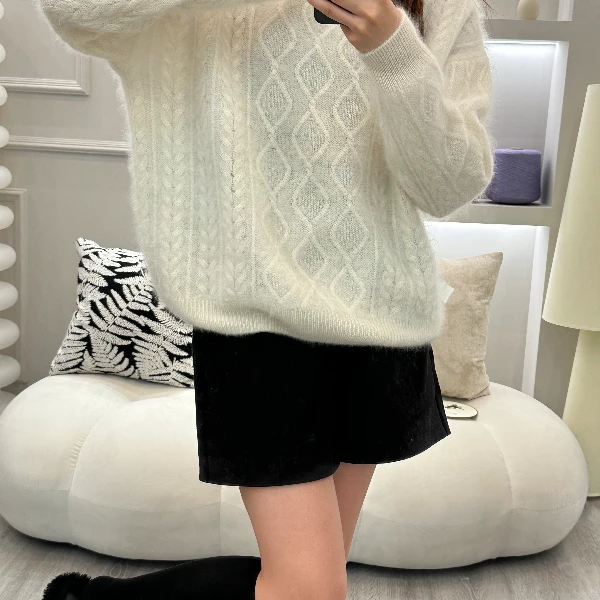 400克重 100%纯山羊绒拉绒 秋冬绞花条纹纯色女士针织衫 SYR002