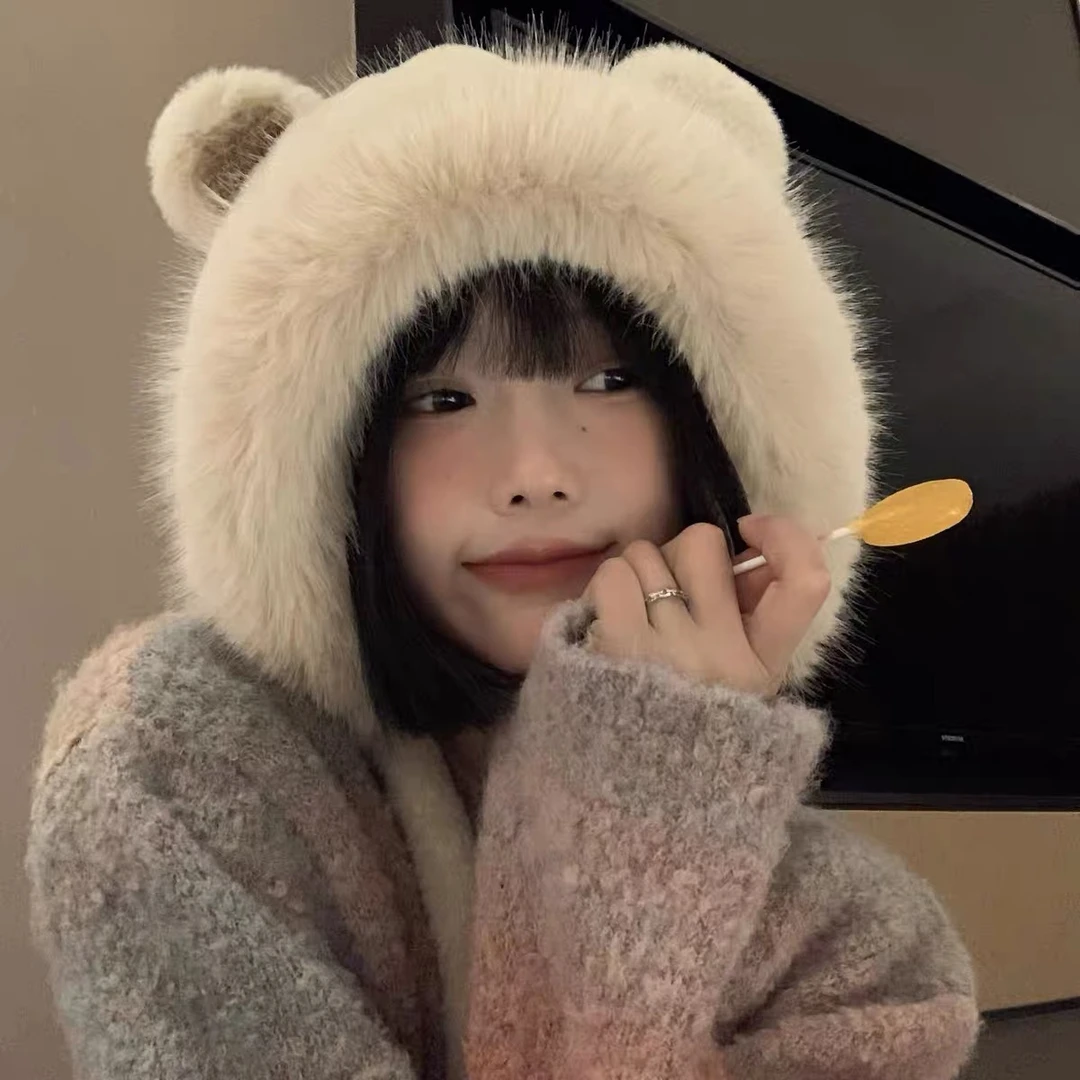 毛绒帽子可爱猫耳朵帽子女秋冬季保暖防寒护耳帽雷锋帽