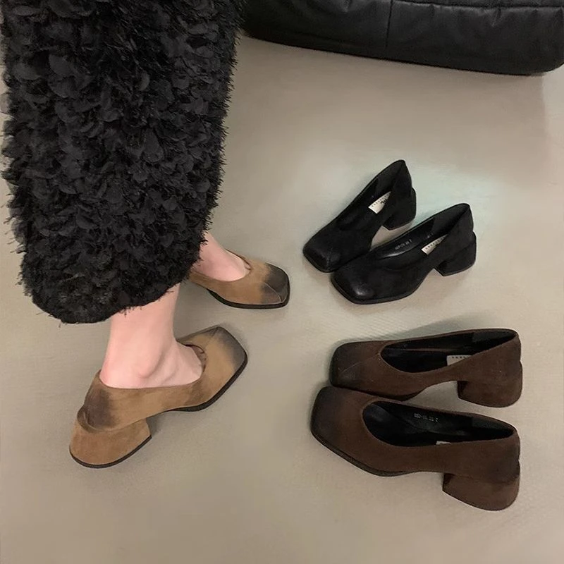 【网红爆款】法式粗跟百搭方头气质单鞋女鞋子2024年新款复古浅口小