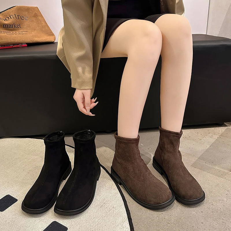 【娜娜专属】绒面简约短靴女2023秋冬新款圆头百搭及裸靴舒适马丁靴