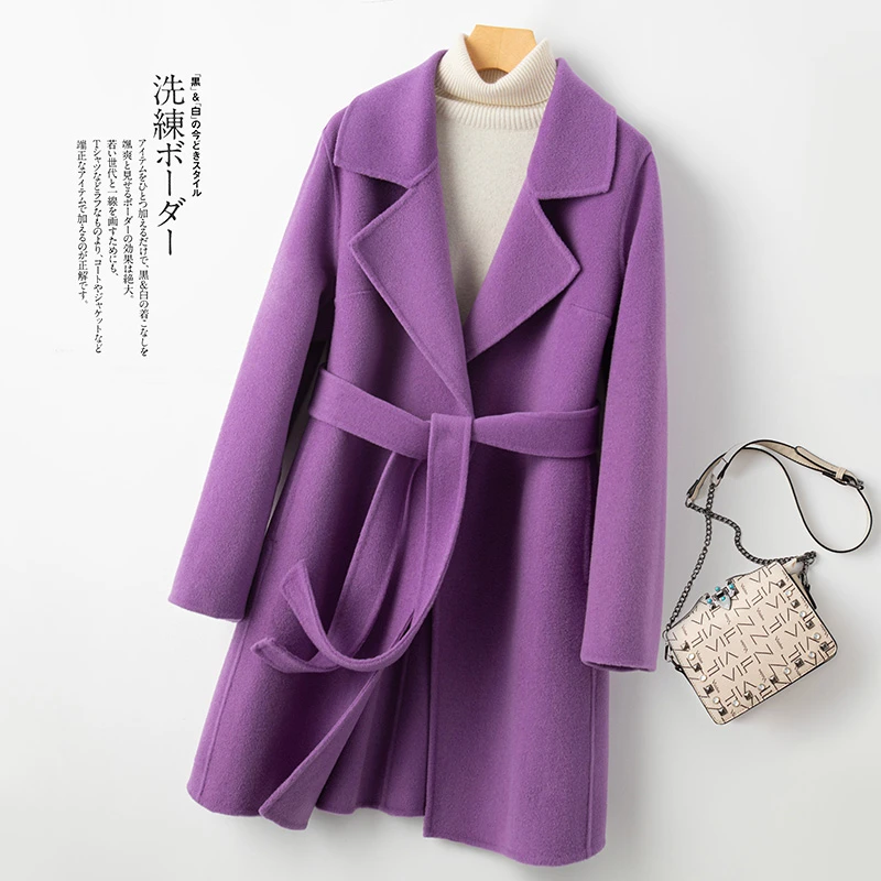 新款纯色中长款双面羊毛呢大衣显瘦100%纯羊毛系带外套女小个子