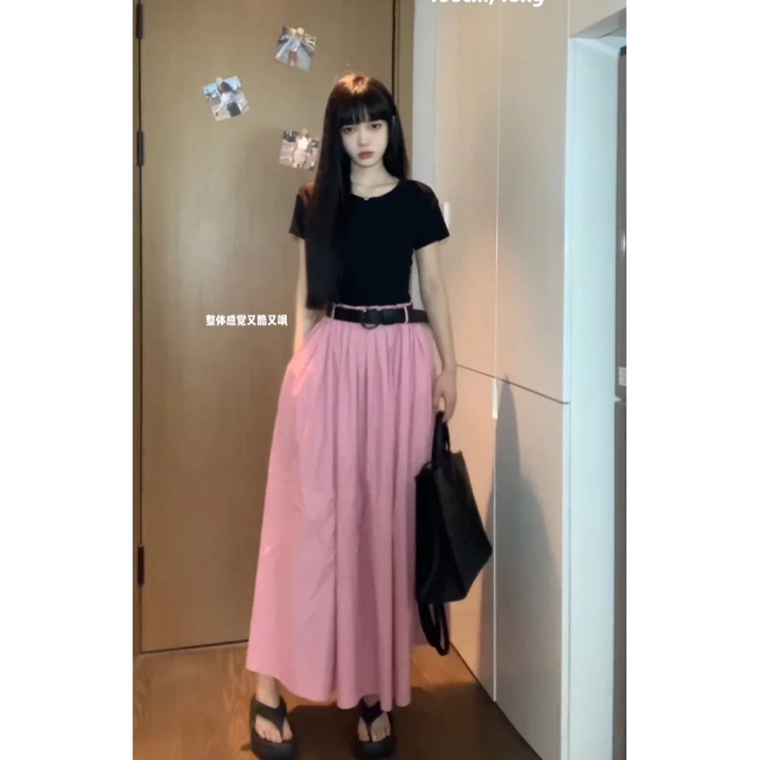 【赫拉小姐】粉色褶皱半身裙女夏季高腰A字裙中长款伞裙显瘦长裙