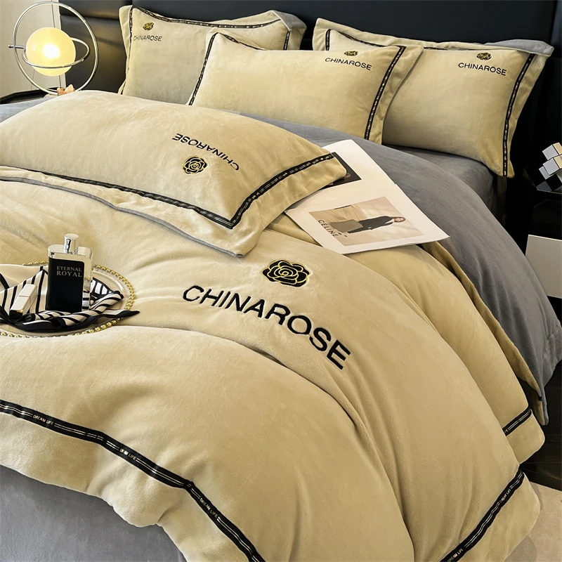 【牛奶绒四件套】轻奢简约刺绣加宽边工艺-轻奢款-亲肤保暖秋冬必备