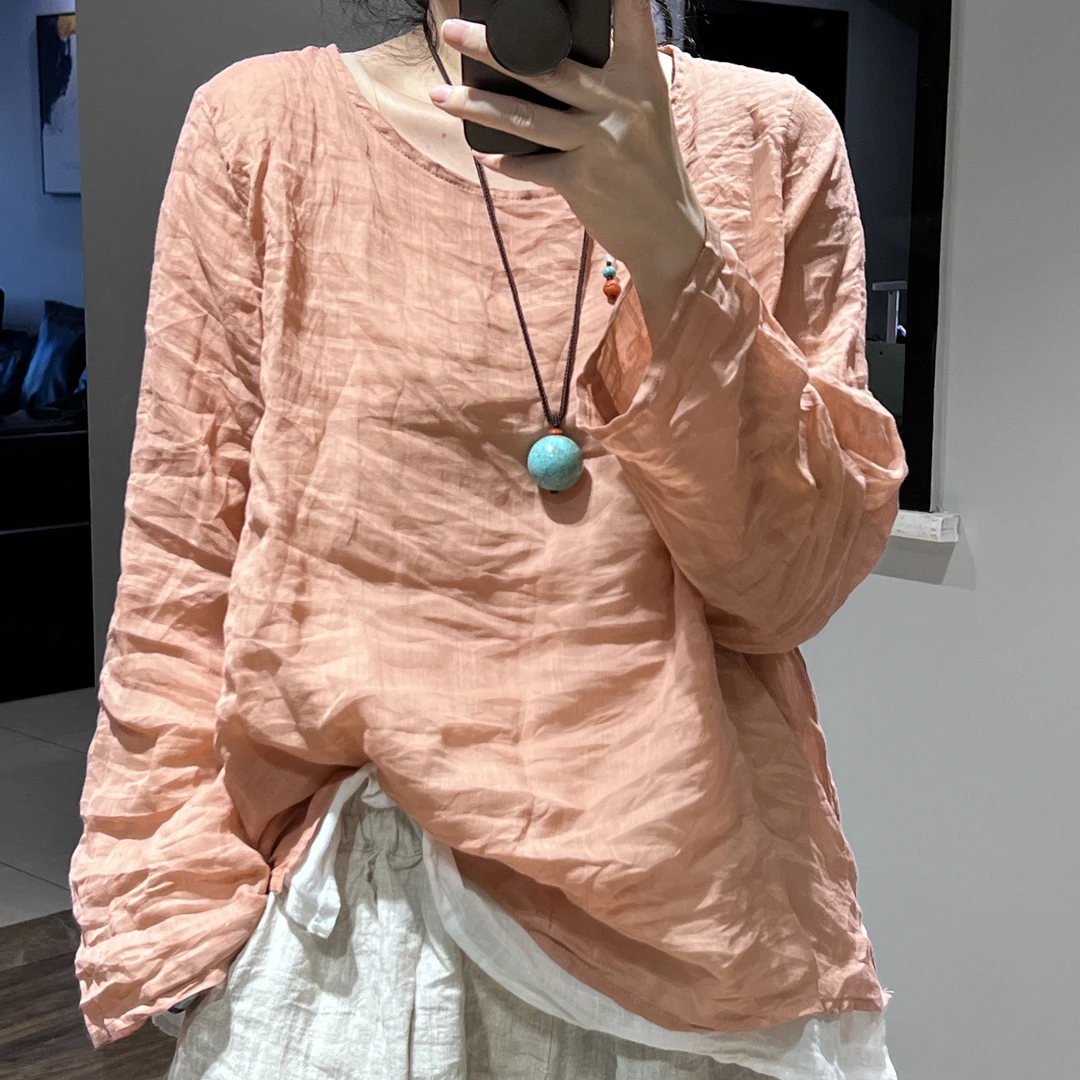 经典后贴布纯色做旧炒色t恤超级舒适0感时尚宽松苎麻休闲圆领长袖